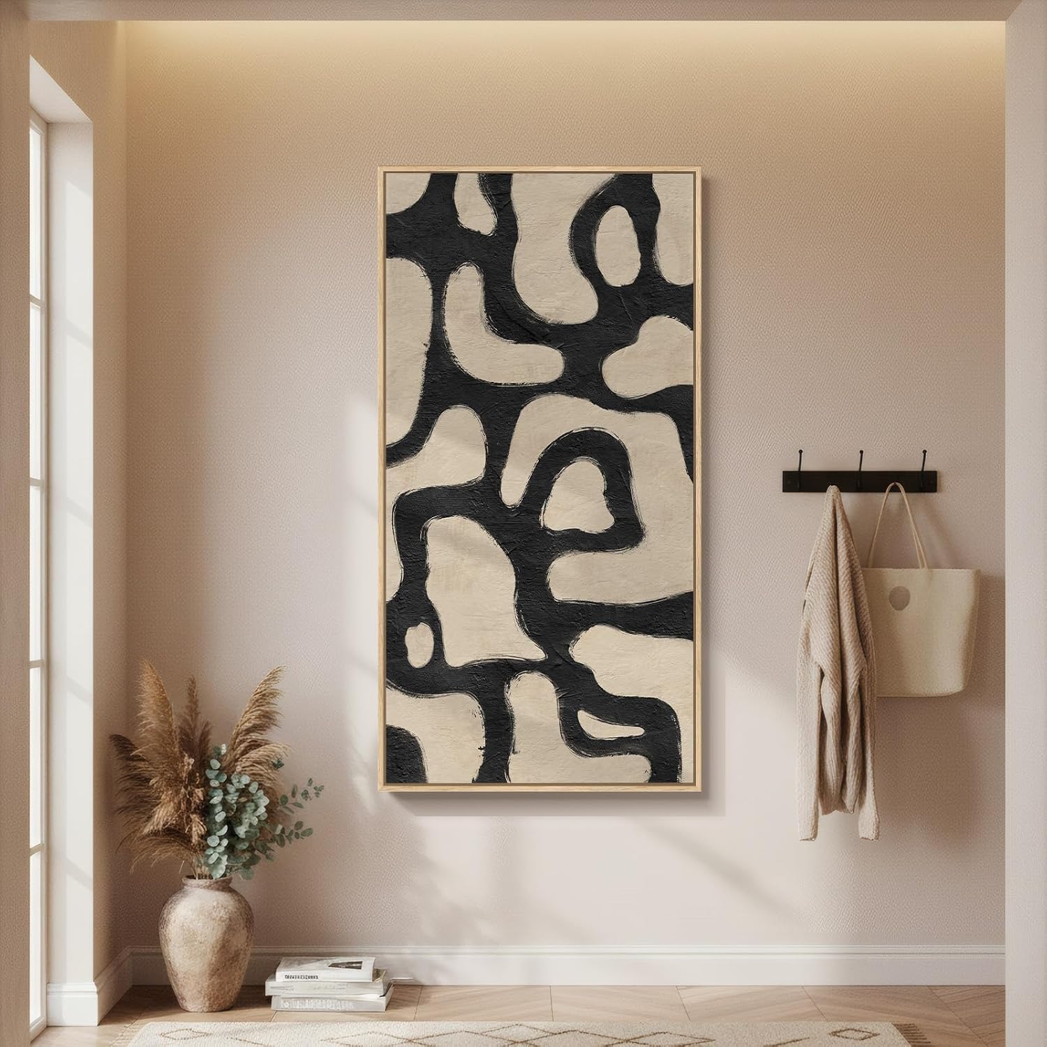 Framed Neutral Horizontal Abstract Wall Art for Living Room, Extra Large Black and Beige Modern Painting Print, Mid Century Canvas Artwork for Dining Room Bedroom Hallway Office Walls Decor, 30x60 Inch