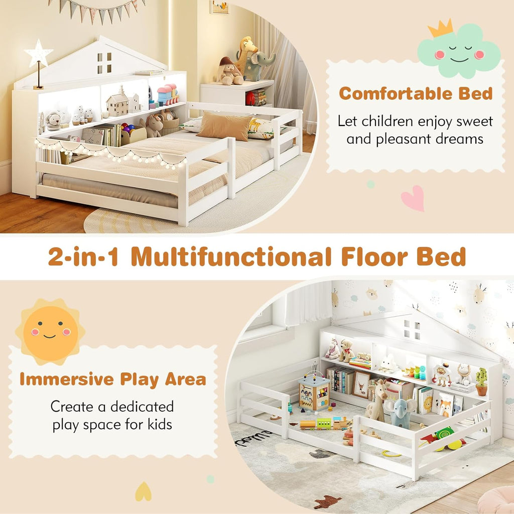 Giantex Twin Size Montessori Floor Bed with LED Lights, 2-in-1 Wooden House Bed Frame with Safety Guardrails, Storage Compartments & Shelf, No Box Spring Needed, Without Slats, White