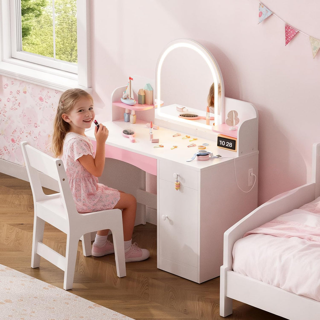 Teckid Kids Vanity Set with Chair and Lights, 2 in 1 Princess Makeup Desk, Toddler Vanity Table with Lighted Mirror, Open Bookshelf, Shelves, Drawers and Storage Cabinet for Little Girls (White)