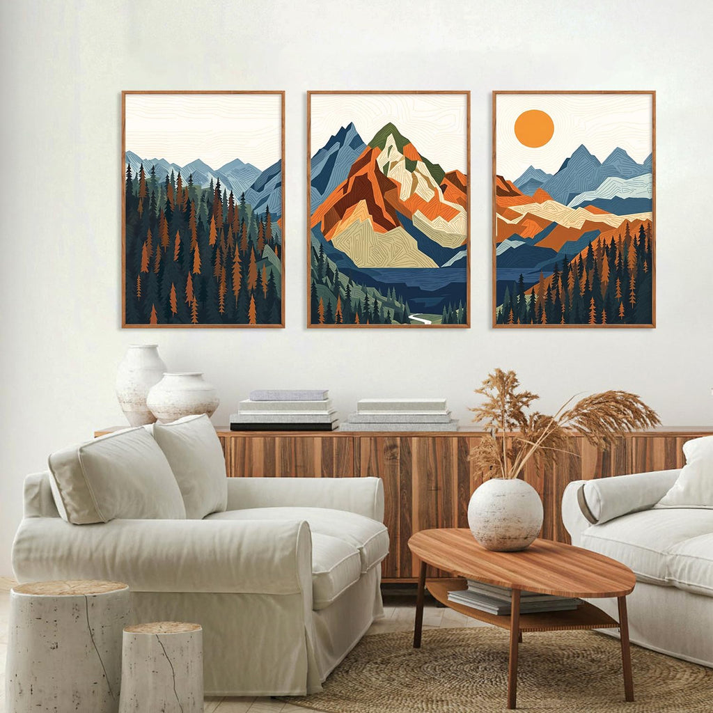 FWIEXA Vintage Mountain Framed Canvas Wall Art Set, Boho Sunrise Wall Prints, Abstract Nature Forest Artwork, Retro Lake Sunset Painting, 3 Panel 24x36 Inches Modern Rustic Decor for Living Room, Bedroom, Office