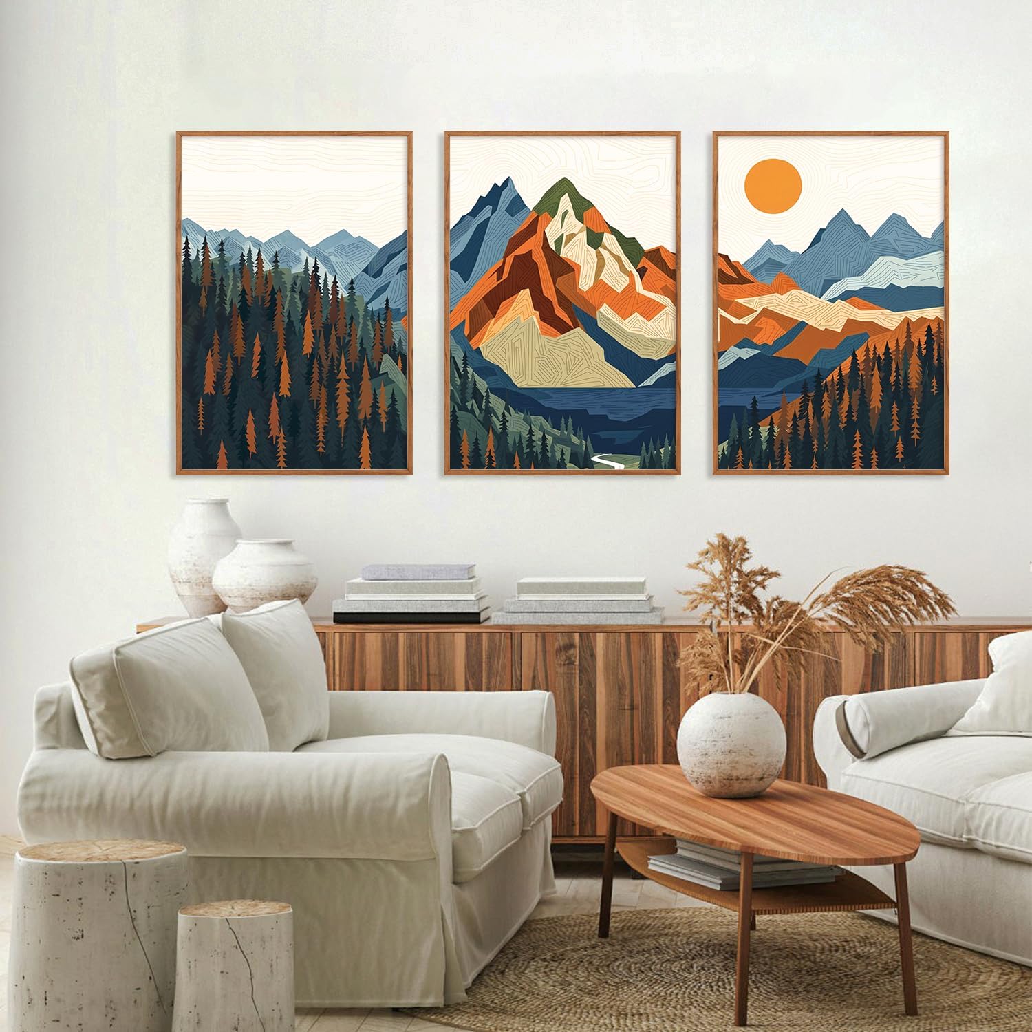 FWIEXA Vintage Mountain Framed Canvas Wall Art Set, Boho Sunrise Wall Prints, Abstract Nature Forest Artwork, Retro Lake Sunset Painting, 3 Panel 24x36 Inches Modern Rustic Decor for Living Room, Bedroom, Office