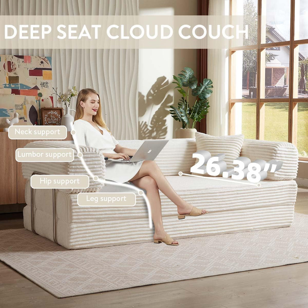 81 Inch Convertible Folding Sofa Bed,Fold Out Floor Sofa Couch with Fixed-Shape Frame,Corduroy Foldable Mattress Cloud Couch for Living Room Bedroom (Off White)