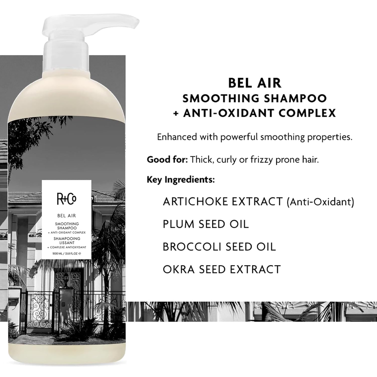 R+Co Bel Air Smoothing Shampoo and Conditioner Liter Set – Anti-Oxidant Complex for Smooth, Frizz-Free Hair for All Hair Types – UV Protection, Shine & Hydration - Sulfate-Free – 33.8oz (Pack of 2)