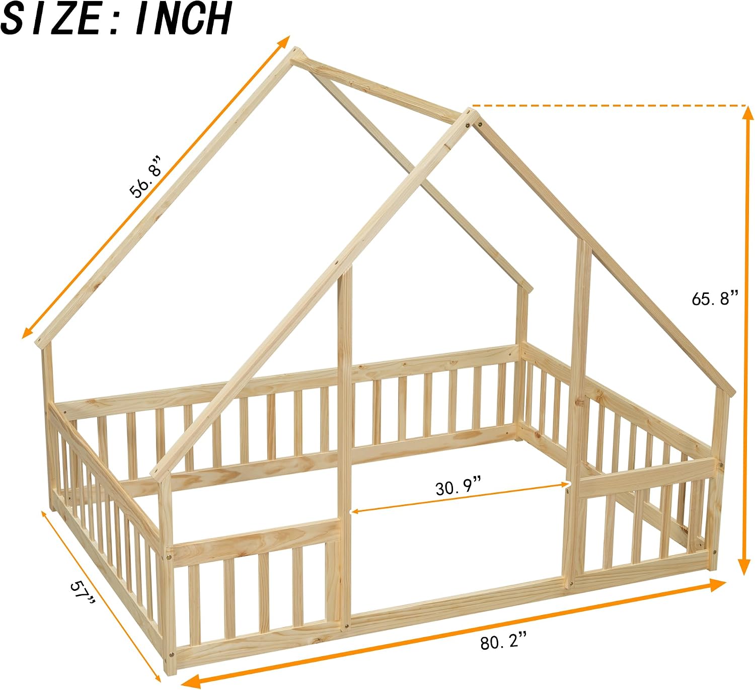 JIVOIT Full Wood House-Shaped Floor Bed with Fence and Guardrails, Wood House Roof Frame, Montessori Floor Bed Frame (Natural-Full,129)