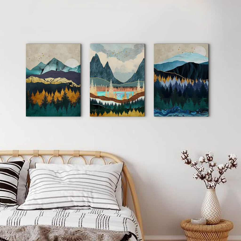 Abstract Mountain Canvas Wall Art Decor Modern Boho Nature Wood Landscape Painting Poster Minimalist Navy Blue Forest Picture Framed Artwork Home Decorations Bathroom Bedroom 24x32 inch 3 Sets