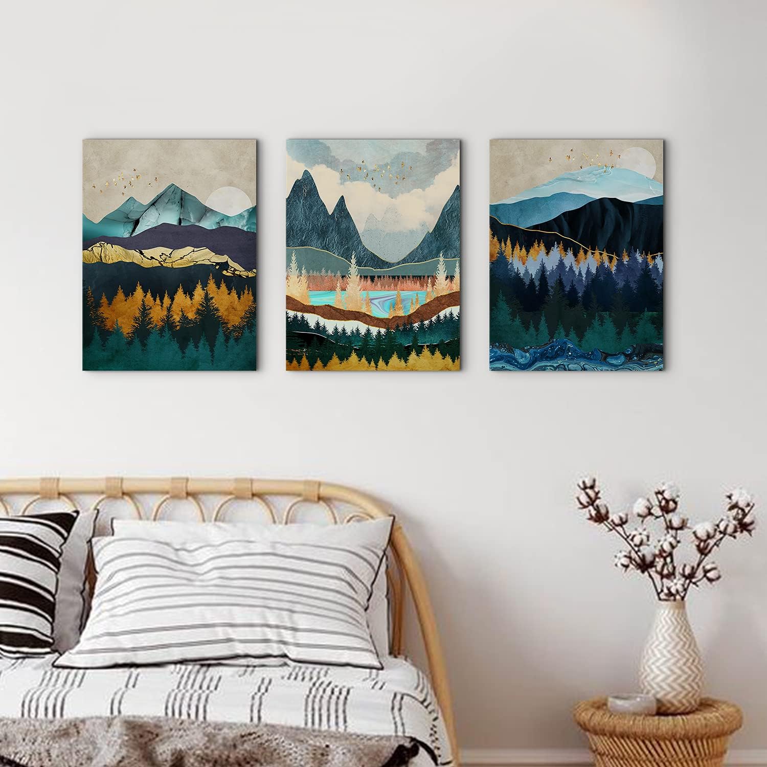Abstract Mountain Canvas Wall Art Decor Modern Boho Nature Wood Landscape Painting Poster Minimalist Navy Blue Forest Picture Framed Artwork Home Decorations Bathroom Bedroom 24x32 inch 3 Sets