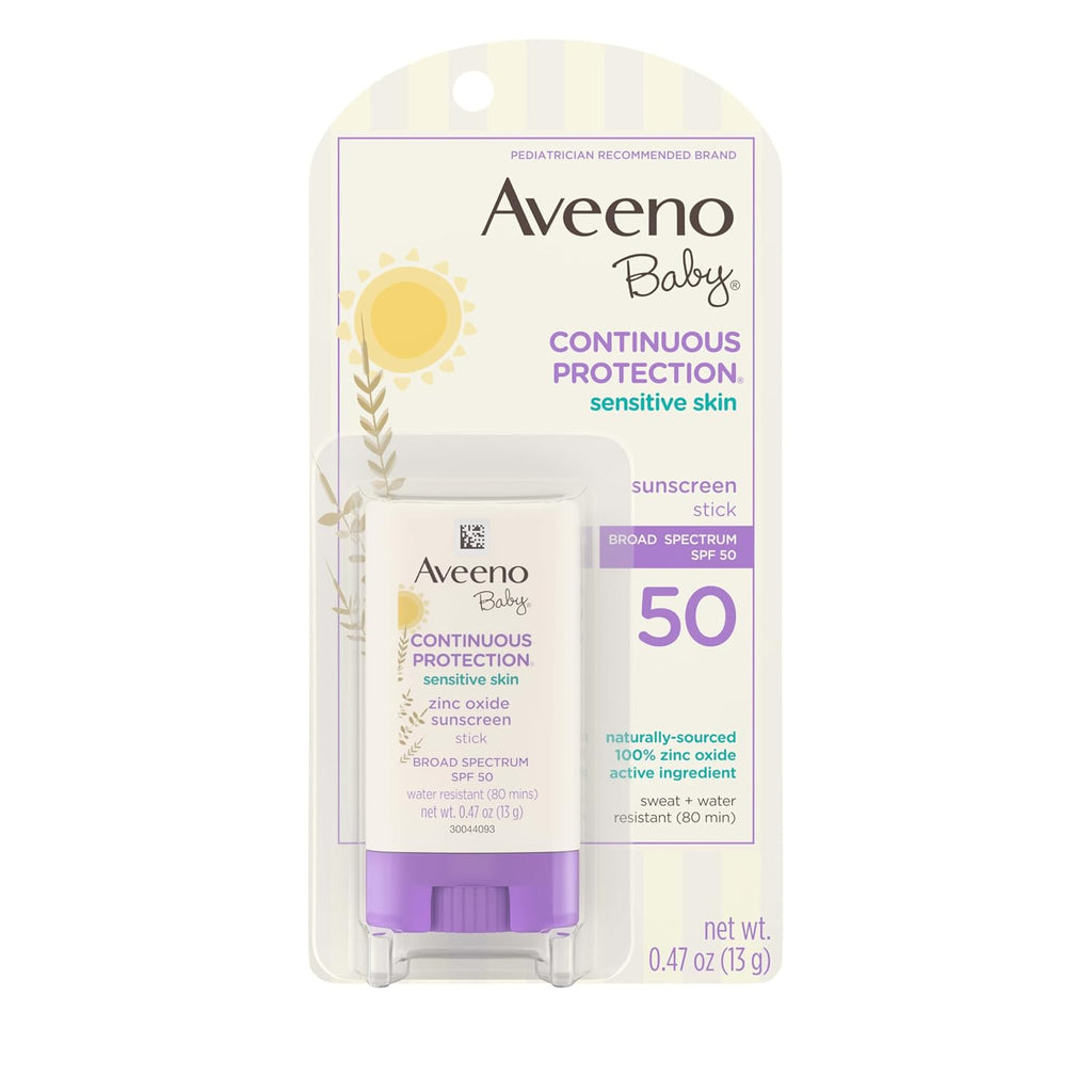Aveeno Baby Continuous Protection Mineral Sunscreen Stick for Sensitive Skin with Broad Spectrum SPF 50 Protection for Face & Body, Naturally Sourced 100% Zinc Oxide, Travel Size, 0.47 oz (Pack of 12)