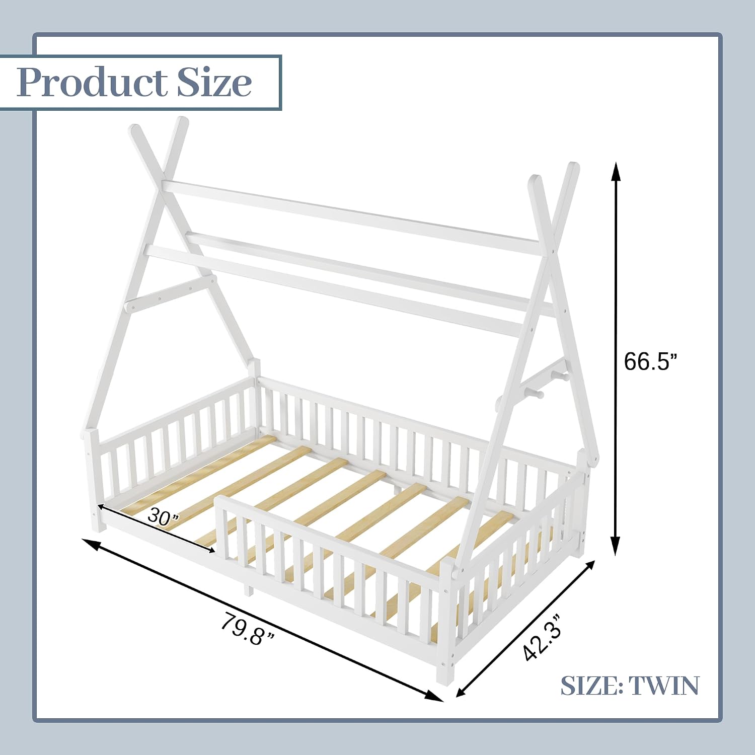 Twin Montessori Kids Floor Bed with Rails and LED Light, Low Twin Beds Frame with Fence and Removable Roof, Wood Montessori Floor Bed Frame for Kids, Girls, Boys, White