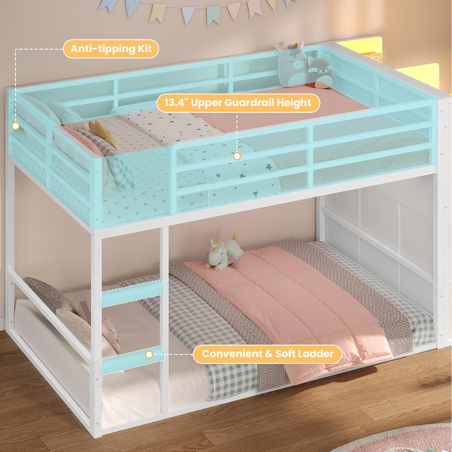 BTHFST Bunk Bed Twin Over Twin with 6 Large Fabric Drawers & 4 Wooden Storage Bookshelf Organizer, Metal Low Bunk Bed for Kids with LED Lights & Safety Ladder and Guardrail, Space Saving