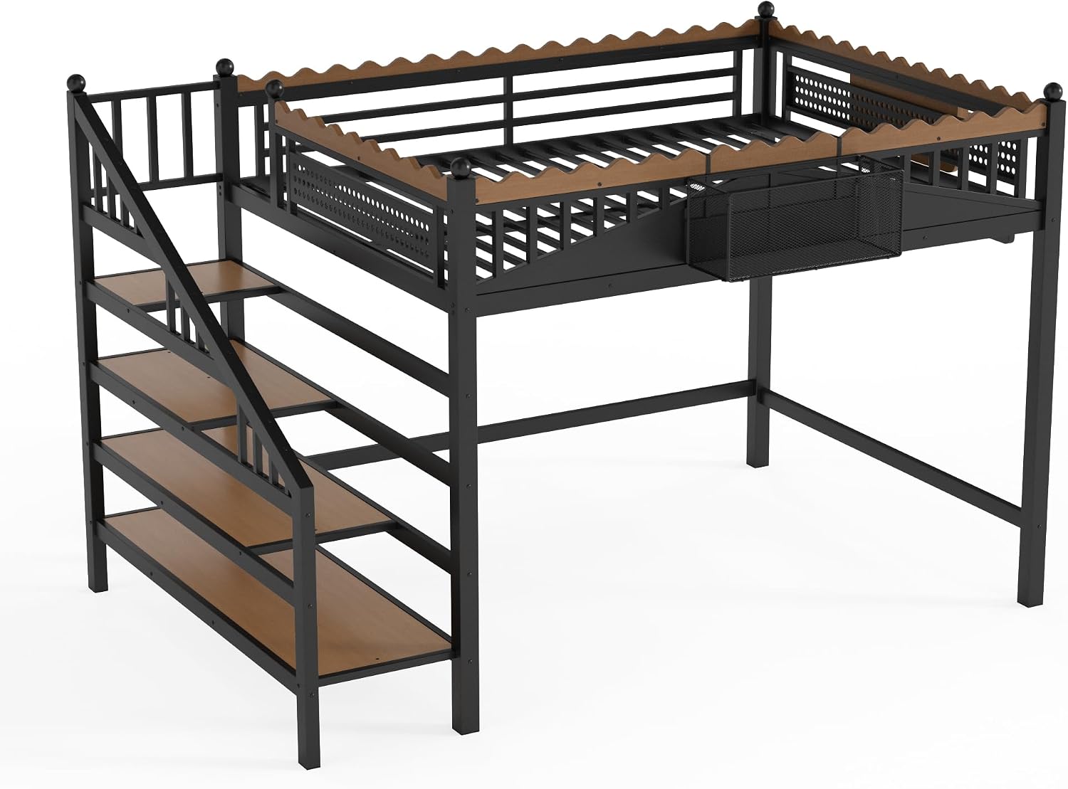 JIVOIT Queen Size Metal Loft Bed Frame, Space-Saving Loft Bed with Storage Stairs, Storage Shelves and Bookshelf, Strong Support Slats, Perfect for Bedroom, Guest, Dorms