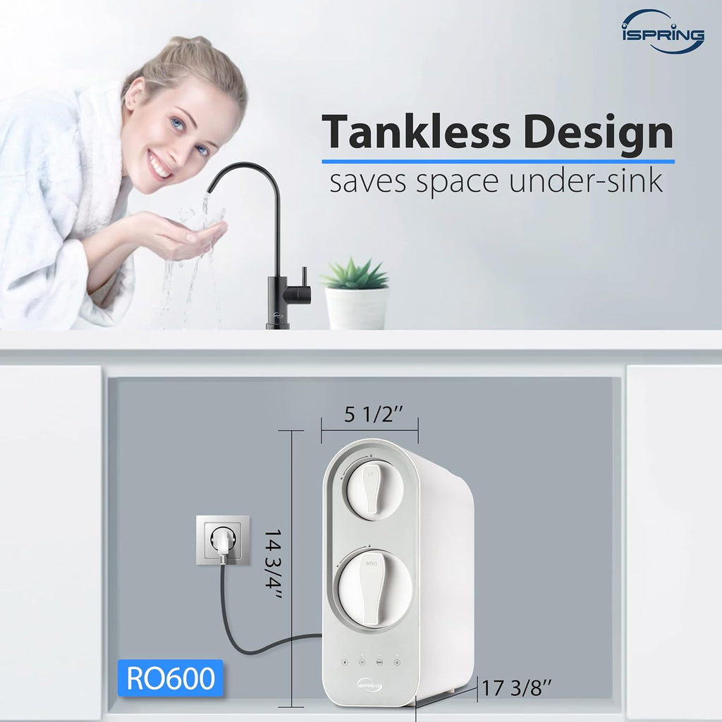 iSpring RO600BN Tankless Reverse Osmosis System Under Sink, 600 GPD Fast Flow RO System, 2.5:1 Pure to Drain Ratio RO Water Filter System, Brushed Nickel Faucet, White