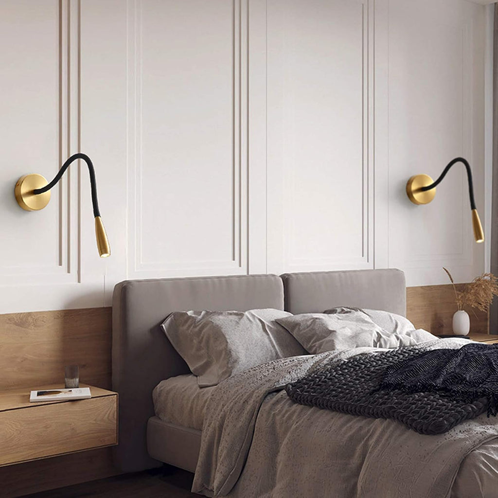Copper Wall Lamp, Gooseneck Wall Light, Adjustable Indoor Wall Light 360 Rotatable Wall Light, Wall Bed Book Reading Lamp, Three Color Temperatures, 3W