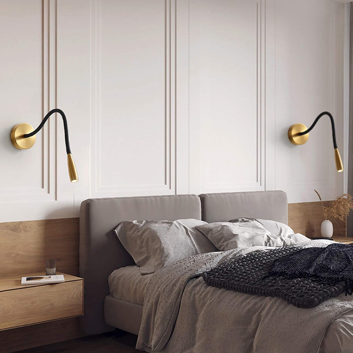Copper Wall Lamp, Gooseneck Wall Light, Adjustable Indoor Wall Light 360 Rotatable Wall Light, Wall Bed Book Reading Lamp, Three Color Temperatures, 3W