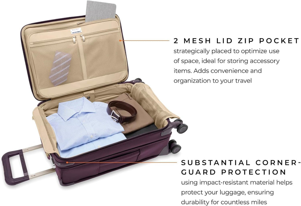 Briggs & Riley Essential 22' Carry On Expandable Spinner - Luggage for Travel, Suitcases with Wheels, Softside Rolling Bag for Men & Women, Self-Repairing Zipper - Baseline Collection, Plum