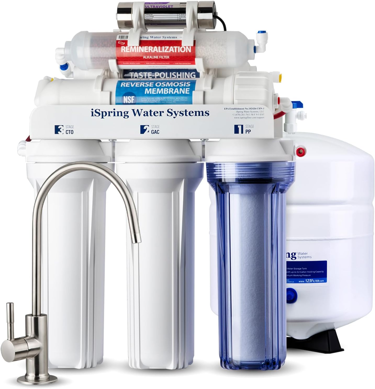 iSpring RCC7AK-UV, NSF Certified, 7-Stage Under Sink Reverse Osmosis Water Filtration System with Alkaline Remineralization and UV Filter, Patented Top-Mounted Faucet Design for Easy Installation
