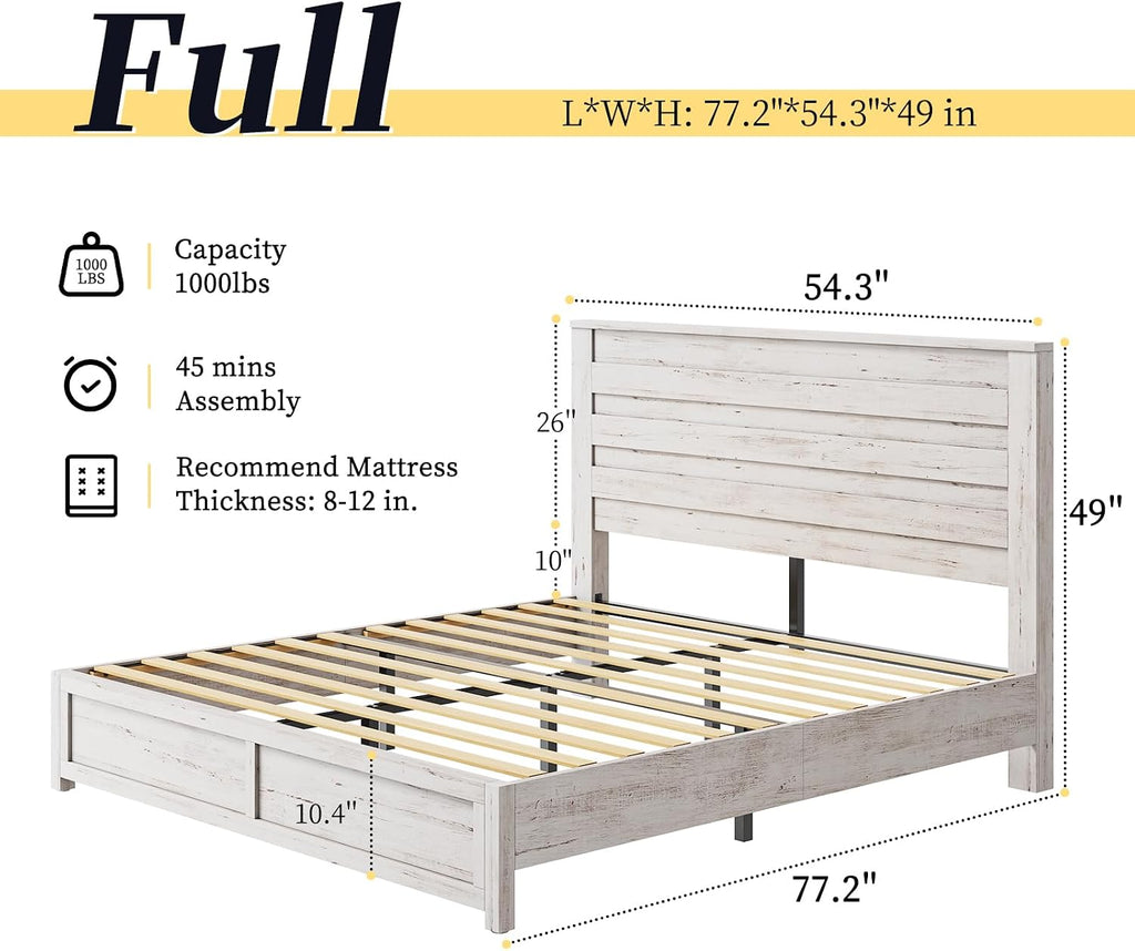LUXOAK Farmhouse Full Bed Frame with 49' Tall Headboard, Wooden Platform Bed with Hidden Metal Bed Frame, No Box Spring Needed/Noise Free, Distressed White