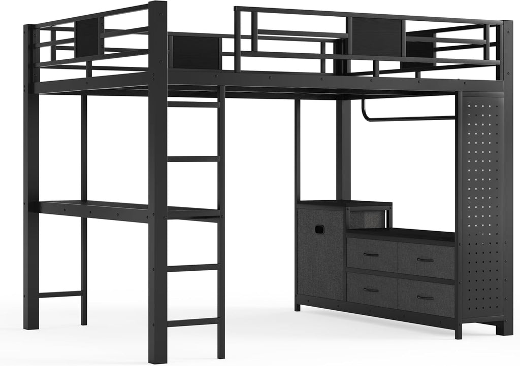 JIVOIT Queen Size Loft Bed with Desk & Shelves, All-in-One Loft Bed with Built-in Workstation & Storage, Space-Saving Metal Loft Bed with Cothesline Pole, Storage Pegboard, Laundry Bag