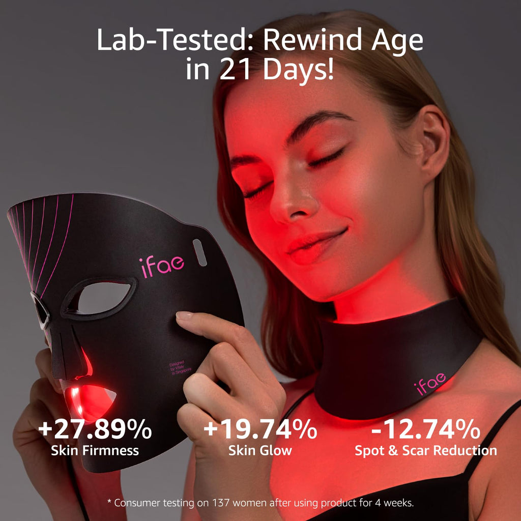 IFAE Red Light Therapy for Face and Neck, Red Light Therapy Mask with 850nm Infrared (NIR) Portable Led Face Mask with Eye Protection and Remote for True Anti-Wrinkles Skincare at Home Black