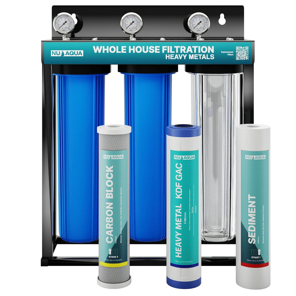 Nu Aqua 3-Stage Main Line Heavy Metal Whole House Water Filter System (20' x 4.5') | Reduce Heavy Metals, Chlorine, Odors | Sediment, Heavy Metal KFD GAC, Carbon Block Filtration - Home Filtration