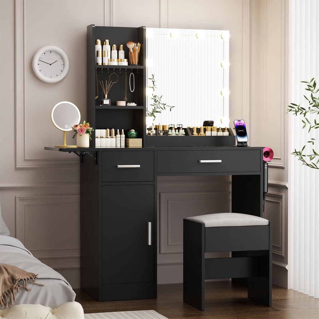 ERLEJIA Vanity Desk with Mirror and Lights, 43.3' Makeup Desk with Stool and Power Outlet, 5 Drawers and Open Shelves Make Up Table for Bedroom, Black