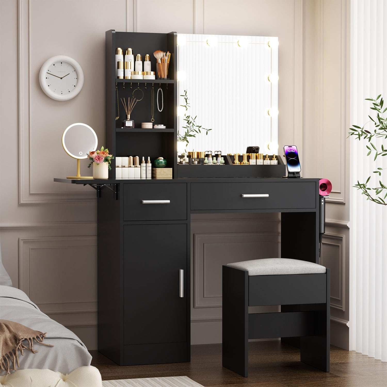 ERLEJIA Vanity Desk with Mirror and Lights, 43.3' Makeup Desk with Stool and Power Outlet, 5 Drawers and Open Shelves Make Up Table for Bedroom, Black