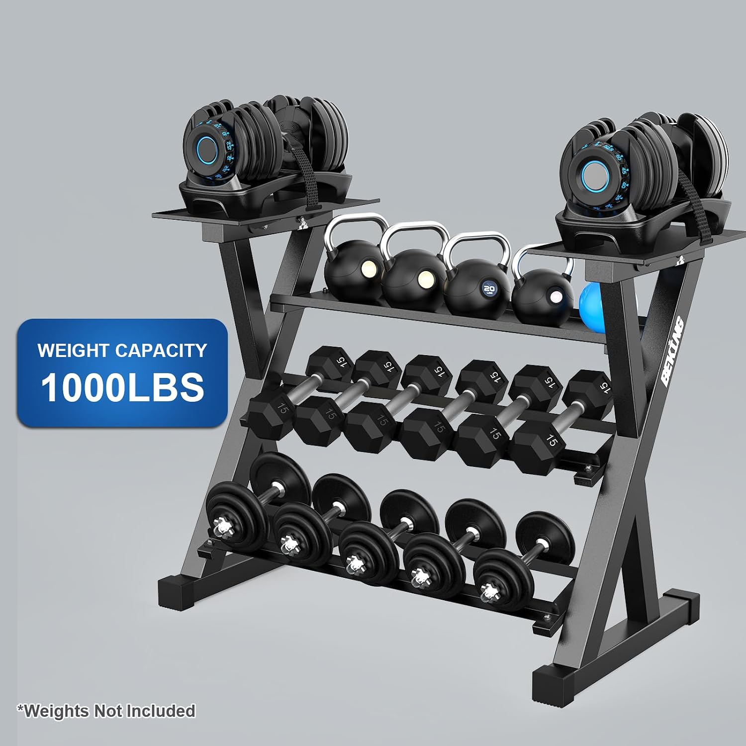 BEKING 3 Tier Dumbbell Rack,1000LB Capacity Weight Storage Rack for Home Gym Fitness,Multifunctional Free Weight Organizer Stand for Dumbbells, Kettlebells,Compact Design Save Floor Space