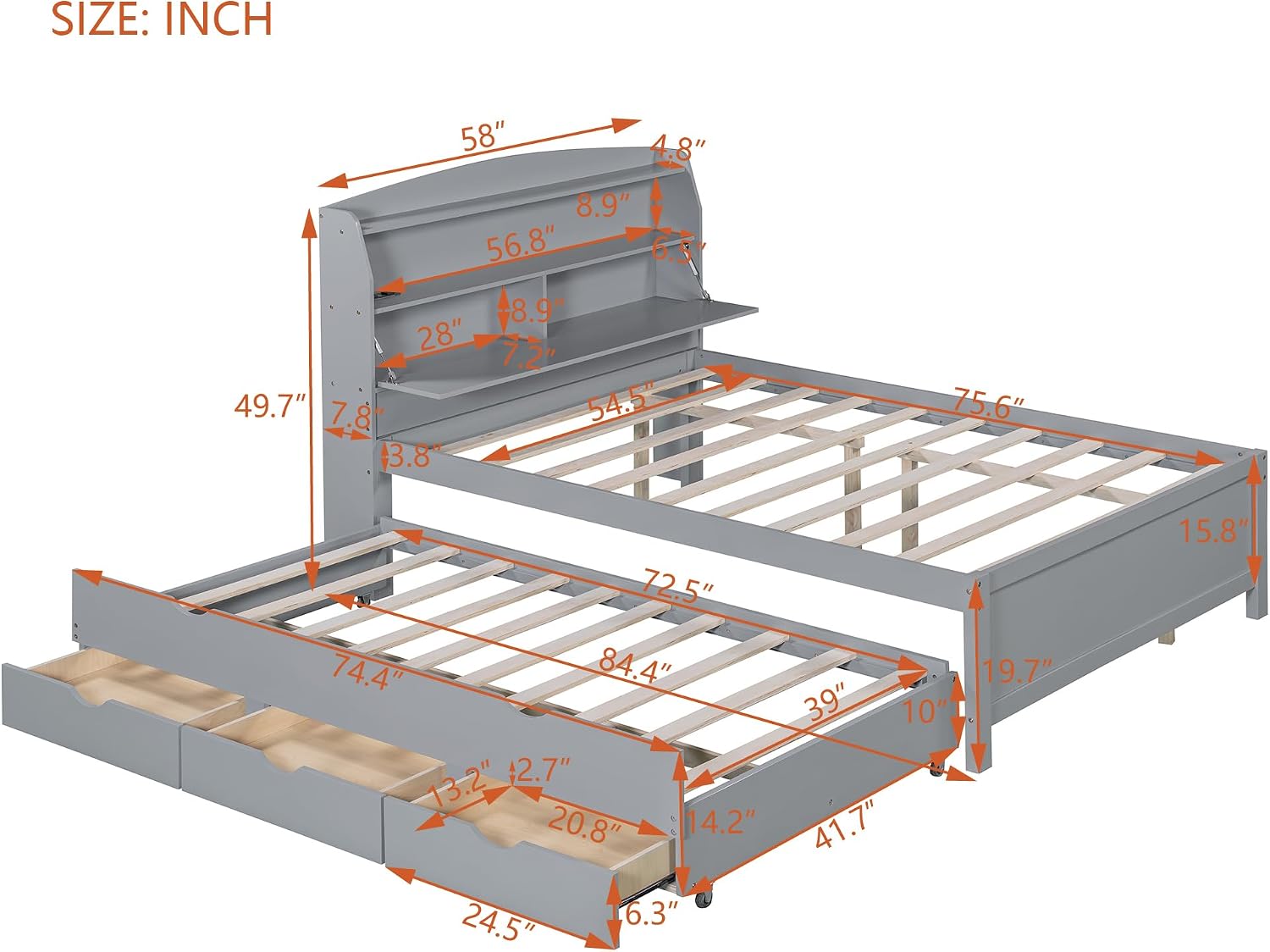 Merax Full Size Bed Frame with Flip-Up Storage Headboard, Gray Full Bed with 3 Drawers and Trundle, Wooden Bed Frame Full a Set of Sockets & USB Ports, No Box Spring Needed