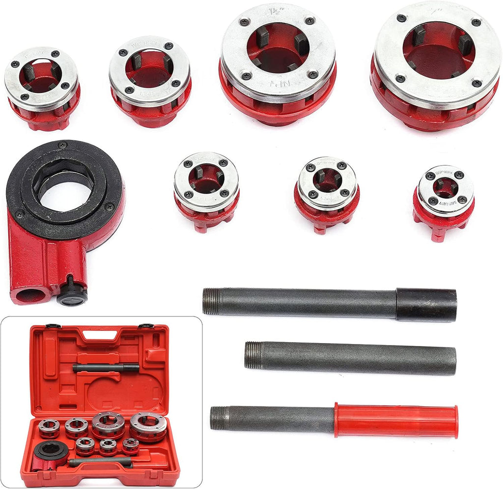 7 Piece Tap and Die Set 3/8', 1/2', 3/4',1', 1-1/4', 1-1/2' and 2' Pipe Threader Die Dies Set Threading and Rethreading Tool w/Handle Ratchet and Case for Standard Galvanized Pipe