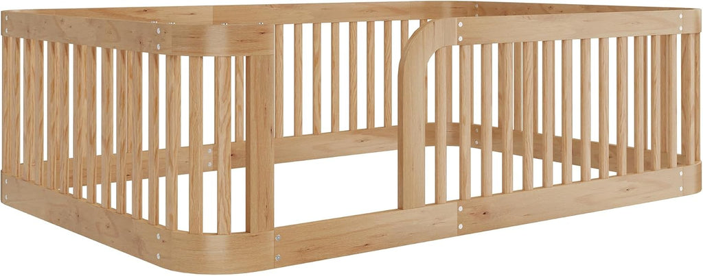 Full Size Wood Floor Bed with Fence, Playful Design Montessori Floor Bed with Guardrail, Without Slats, Easy Assembly (Natural//Full,124)