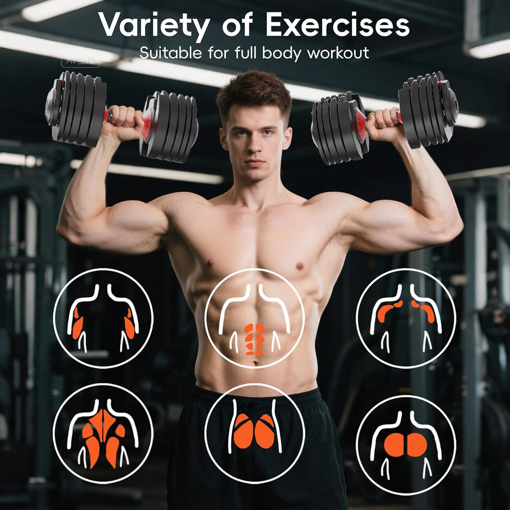 New Upgraded Adjustable Dumbbell Set of 2 (52.5 lbs/25 lbs), 15/9 Weights Dumbbell Set with Safe Locking System, Quick Adjustable Dumbbells For Men and Women Home Gym Workout with Anti-Slip Handle