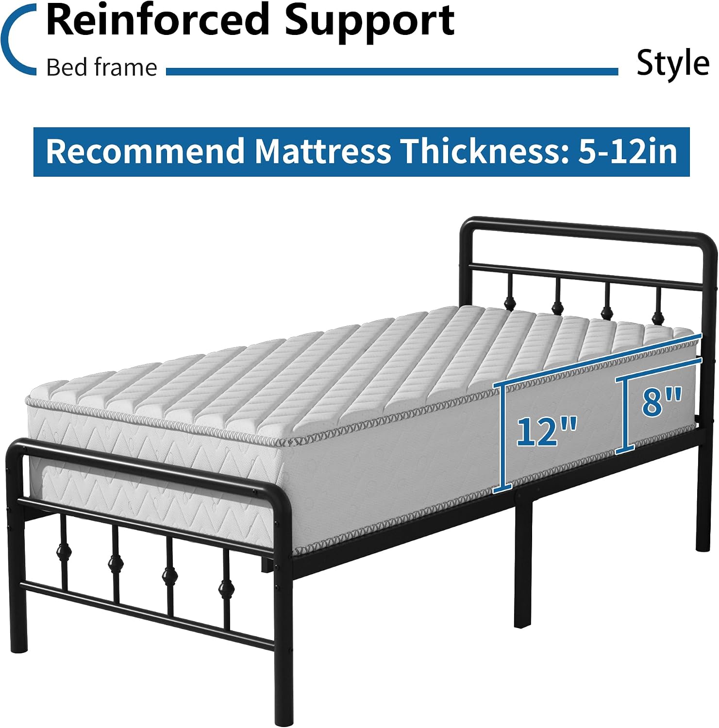 DiaOutro 16 Inch Twin XL Bed Frame with Headboard and Footboard, Classic Metal Platform No Box Spring Needed Heavy Duty Victorian Style Iron-Art Mattress Foundation/Under Bed Storage