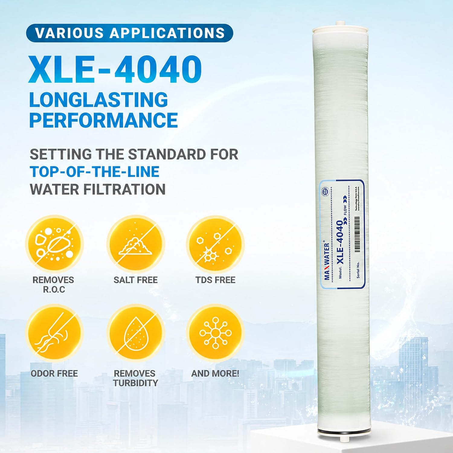 Max Water XLE-4040 Reverse Osmosis 4' x 40' RO Membrane, 2600 GPD | XLE 4040 For Water Purification Desalination Commercial, Industrial, Agricultural, Salt Rejection 99%