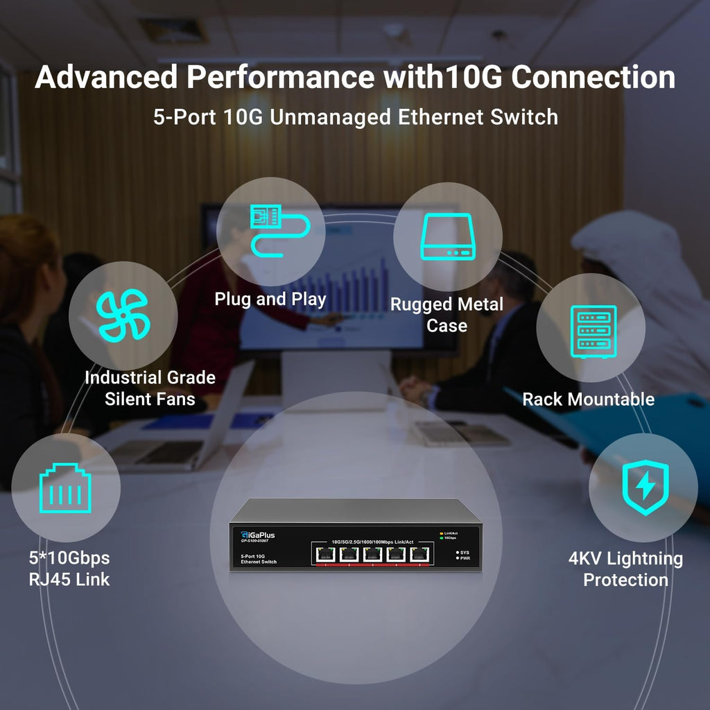 5-Port 10Gb Ethernet Switch Unmanaged with 5 x 10Gb RJ45 Ports, GiGaPlus 10Gbe Network Switch Easy for 10G NAS, PC, WiFi7 Routers, 10G NIC/Adapters. 100Gbps Switching Capacity. Desktop/19-inch Rack