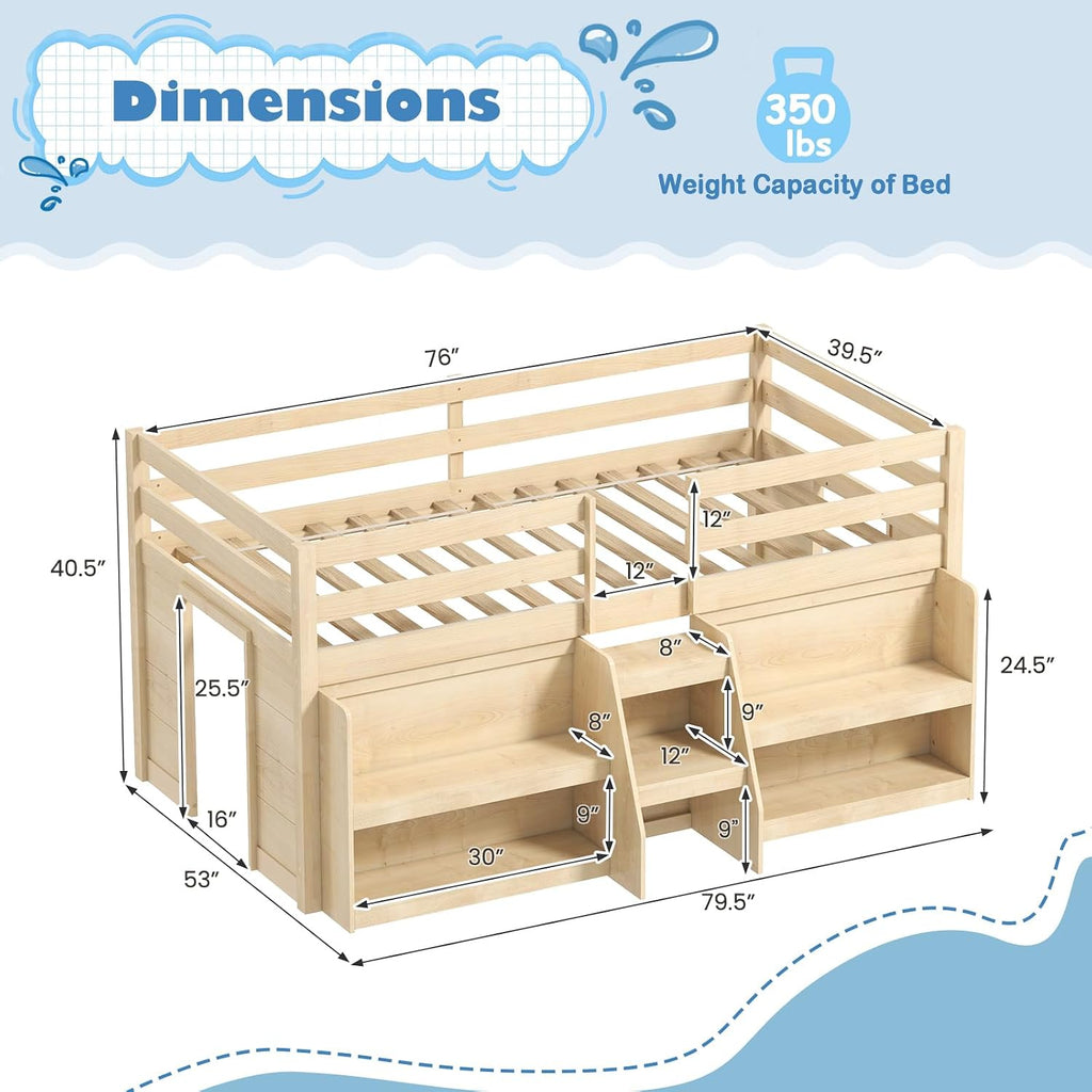 KOMFOTT Low Loft Bed with LED Light and 2 Bookcases, Wood Kids Twin Bed with Under-Bed Play Space, Stairs & Guardrails, Modern Loft Bed for Kids, No Box Spring Needed (Natural)