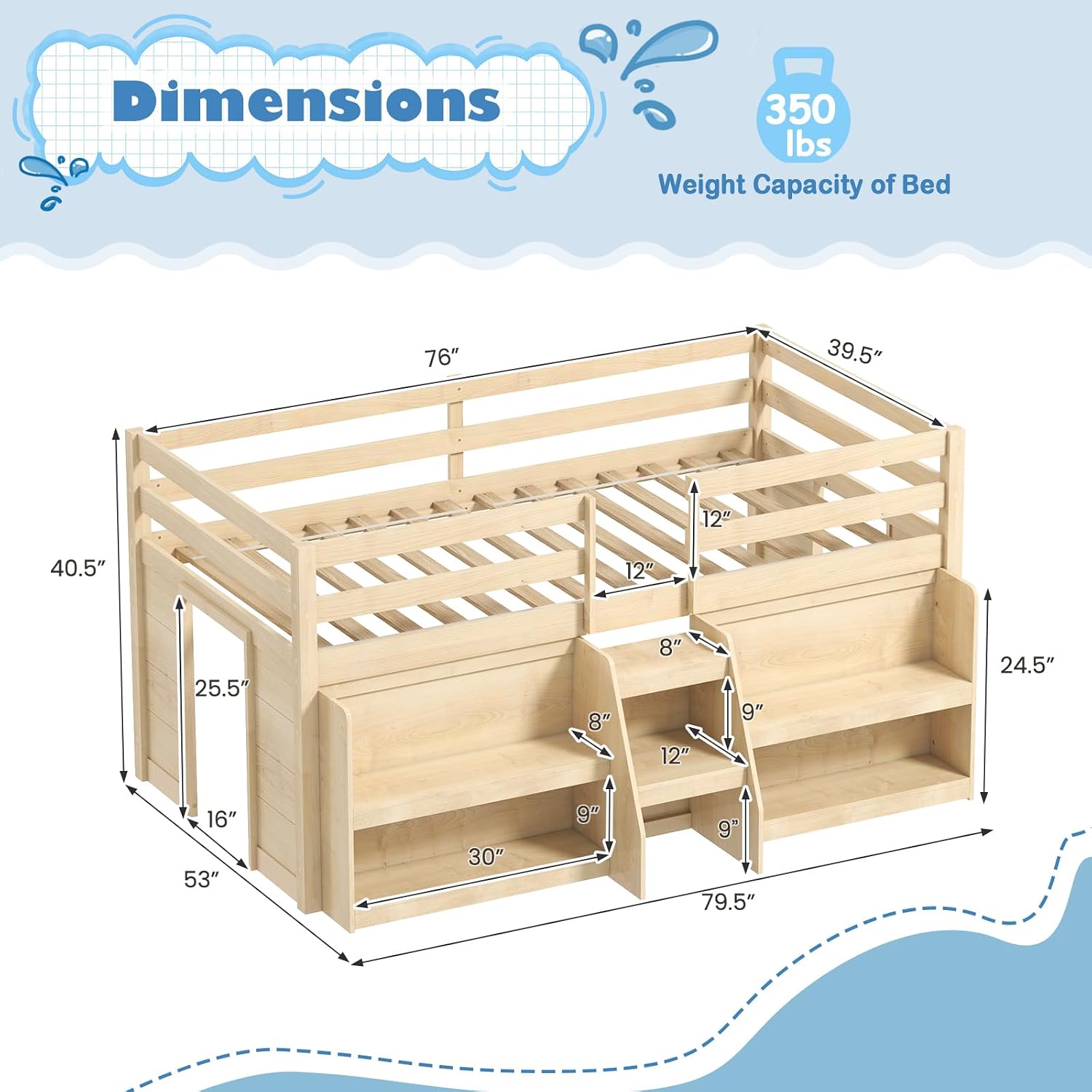 KOMFOTT Low Loft Bed with LED Light and 2 Bookcases, Wood Kids Twin Bed with Under-Bed Play Space, Stairs & Guardrails, Modern Loft Bed for Kids, No Box Spring Needed (Natural)