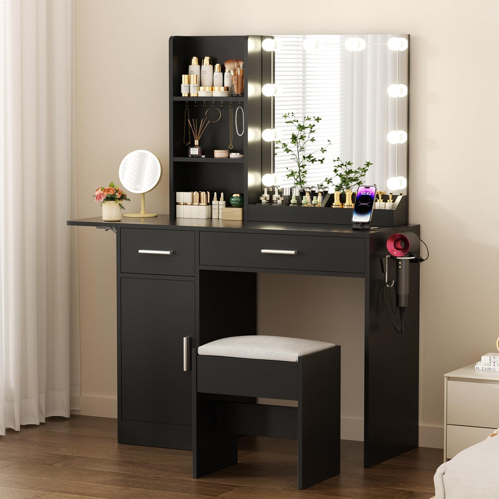 ERLEJIA Vanity Desk with Mirror and Lights, 43.3' Makeup Desk with Stool and Power Outlet, 5 Drawers and Open Shelves Make Up Table for Bedroom, Black