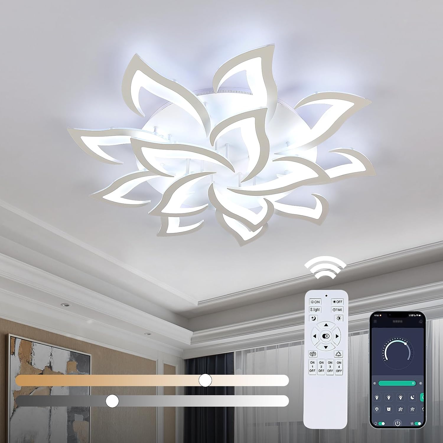 Goeco Modern Ceiling Light, LED Dimmable White 14-Petals Acrylic Flower Design Flush Mount Ceiling Light, 3000K-6500K with APP/Remote Control for Living Room, Dining Room, Kitchen