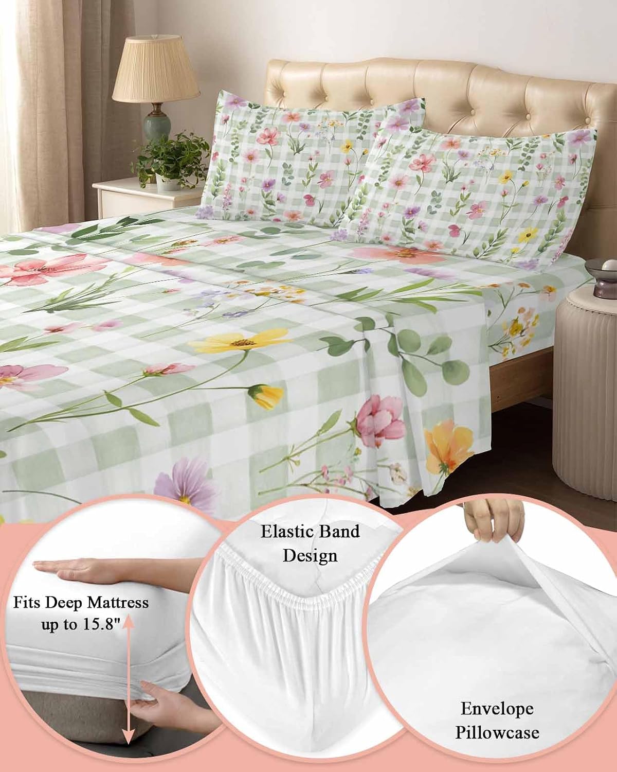 Spring Floral Cal King Sheet Set 4 Piece Bedding - Pink Flowers Green Plaid Pastoral Breathable Comfy Cooling Bed Sheets & Pillowcase Sets, Hotel Luxury Flat Sheets Deep Pockets Fitted Sheet