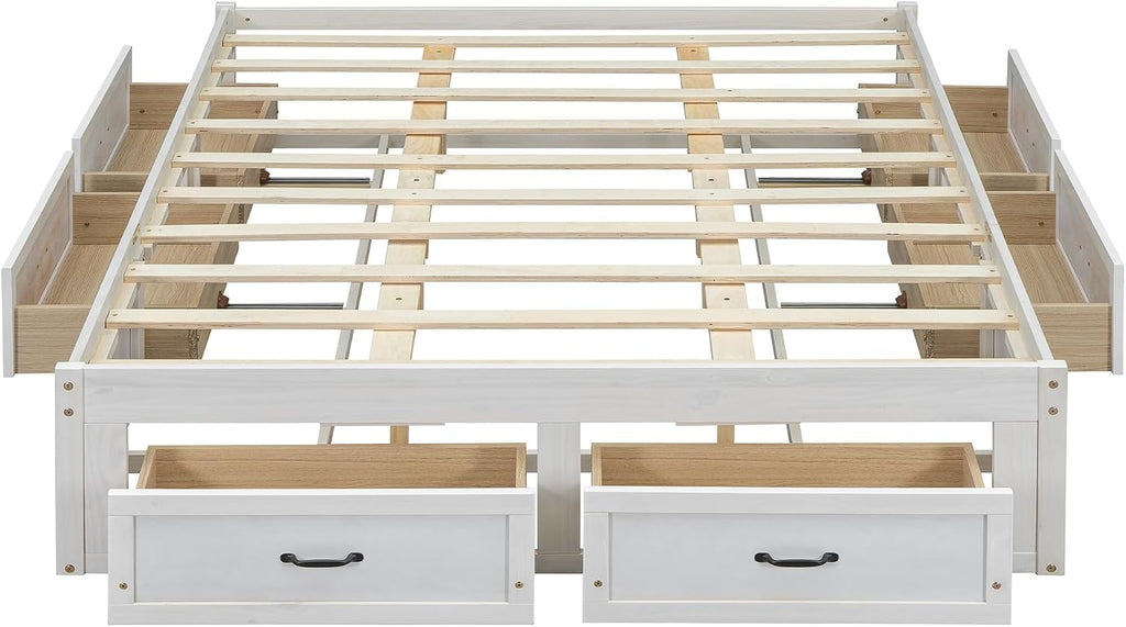 Queen Size Wooden Platform Bed with 6 Storage Drawers, No Box Spring Needed (Antique White, Queen)