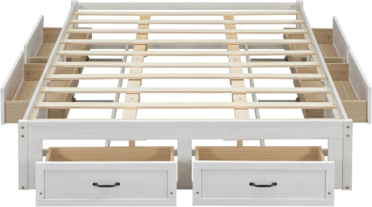 Queen Size Wooden Platform Bed with 6 Storage Drawers, No Box Spring Needed (Antique White, Queen)
