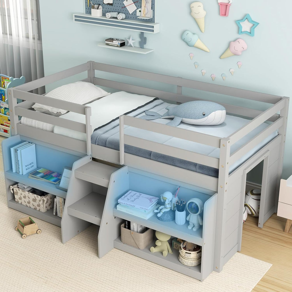 KOMFOTT Low Loft Bed with LED Light & 2 Bookcases, Wood Kids Twin Bed with Under-Bed Play Space, Stairs & Guardrails, No Box Spring Needed, Modern Low Loft Bed Frame, Grey