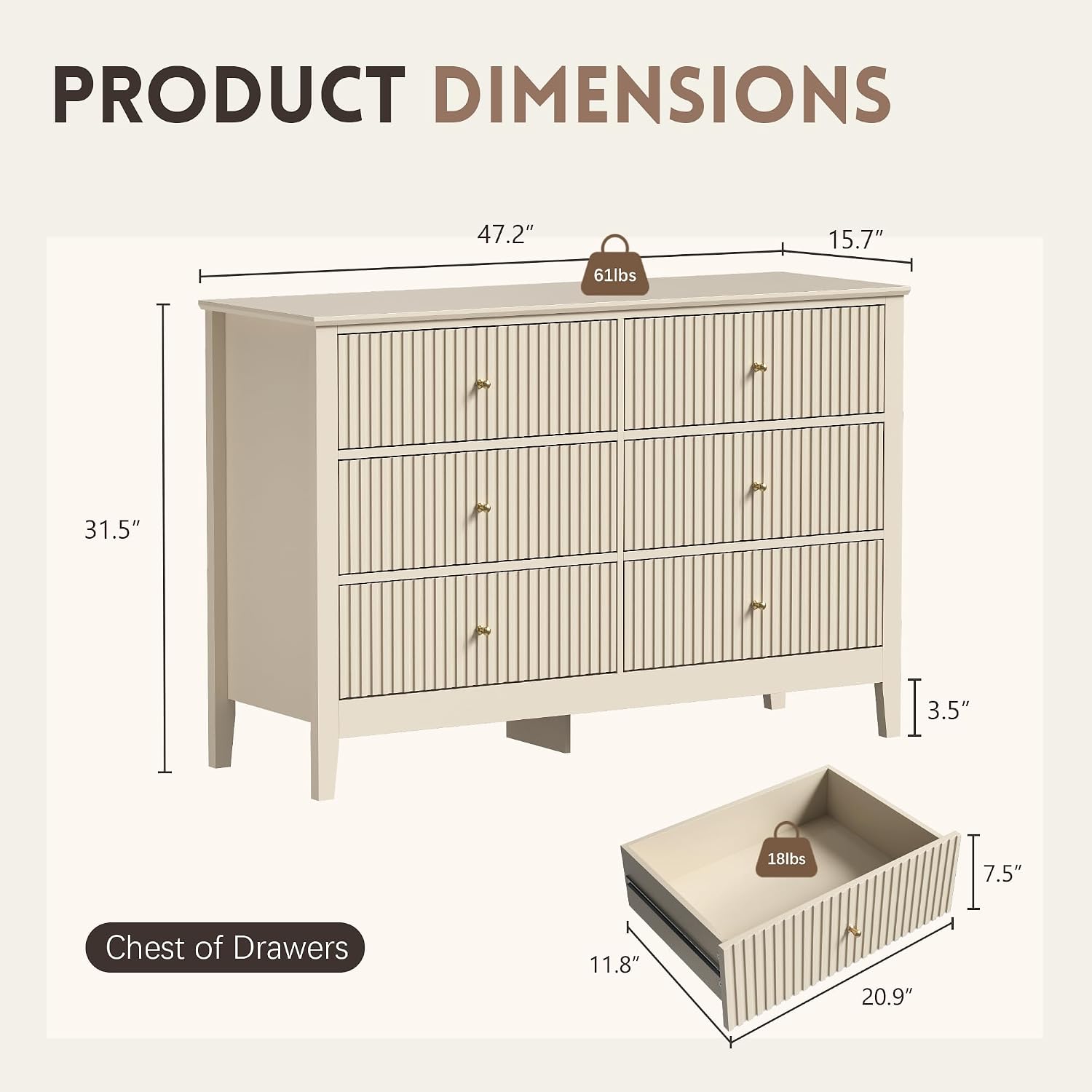 Beige Dresser for Bedroom, 6 Drawers Fluted Chest of Drawers with Storage, Modern 47'' Wide Dresser with Paint Design, Wood Drawer Organizer Dressers for Entryway, Hallway