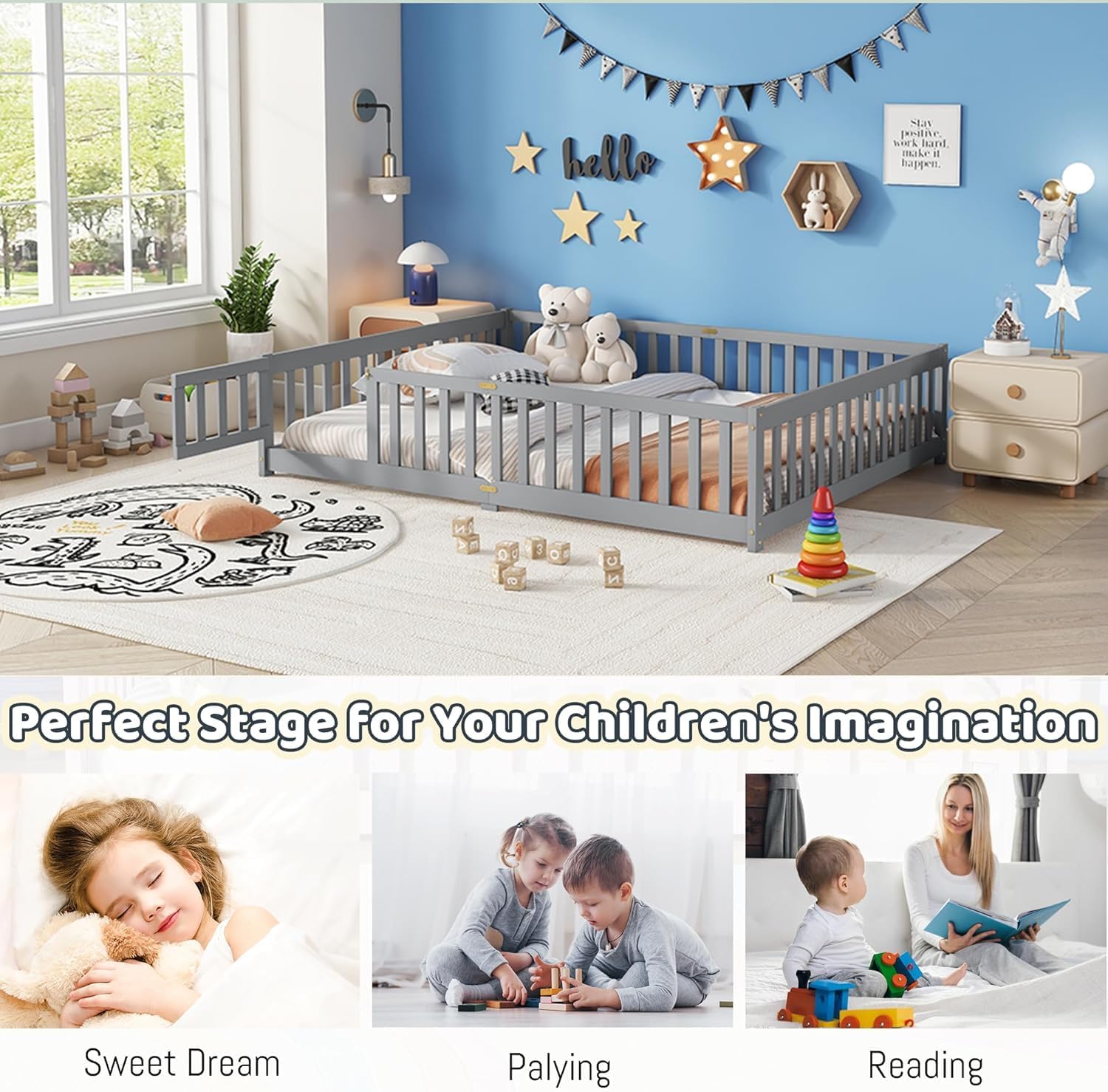 Queen Size Floor Bed, Wooden Montessori Bed Frame with Door, Montessori Floor Queen Bed with Rails for Boys and Girls, No Box Spring Needed, Grey
