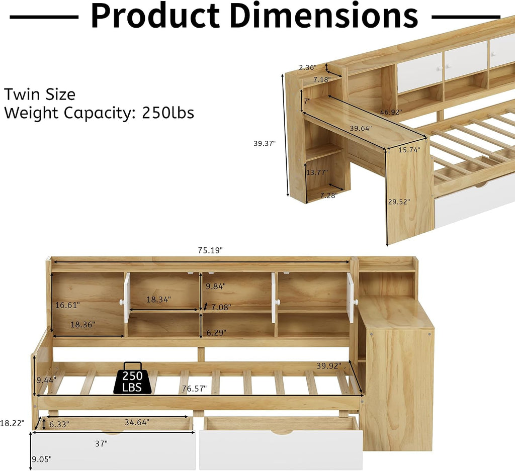 Twin Bed Frames with Storage, L-Shaped Corner Beds with Desk, Wood Daybed with Bookcase, Platform Beds with Drawers and Shelves for Living Room, Bedroom, Teens Room, Natural