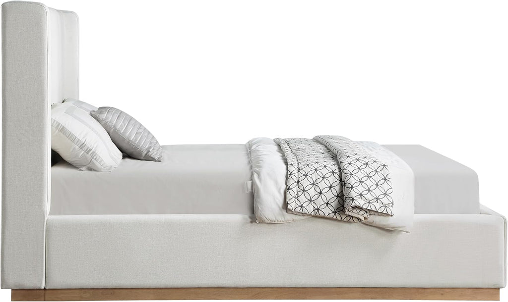 Meridian Furniture FlynnCream-F Flynn Collection Modern | Contemporary Full Bed with Cream Linen Textured Fabric, Natural Finish Solid Wood Base, Wing Back, 58.5' W x 82.5' D x 52' H, Cream, Full