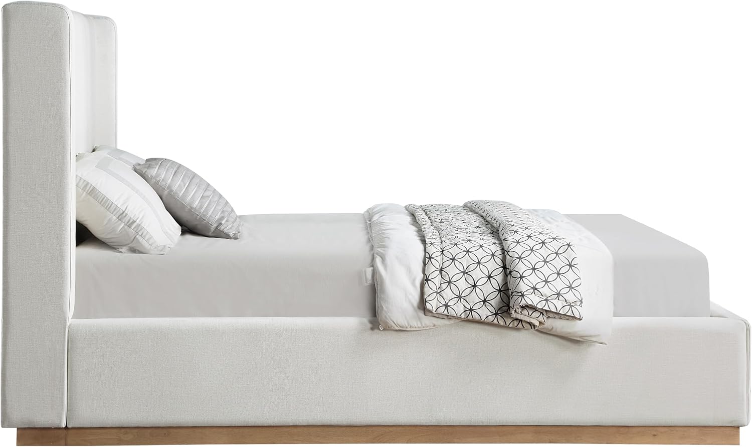 Meridian Furniture FlynnCream-F Flynn Collection Modern | Contemporary Full Bed with Cream Linen Textured Fabric, Natural Finish Solid Wood Base, Wing Back, 58.5' W x 82.5' D x 52' H, Cream, Full