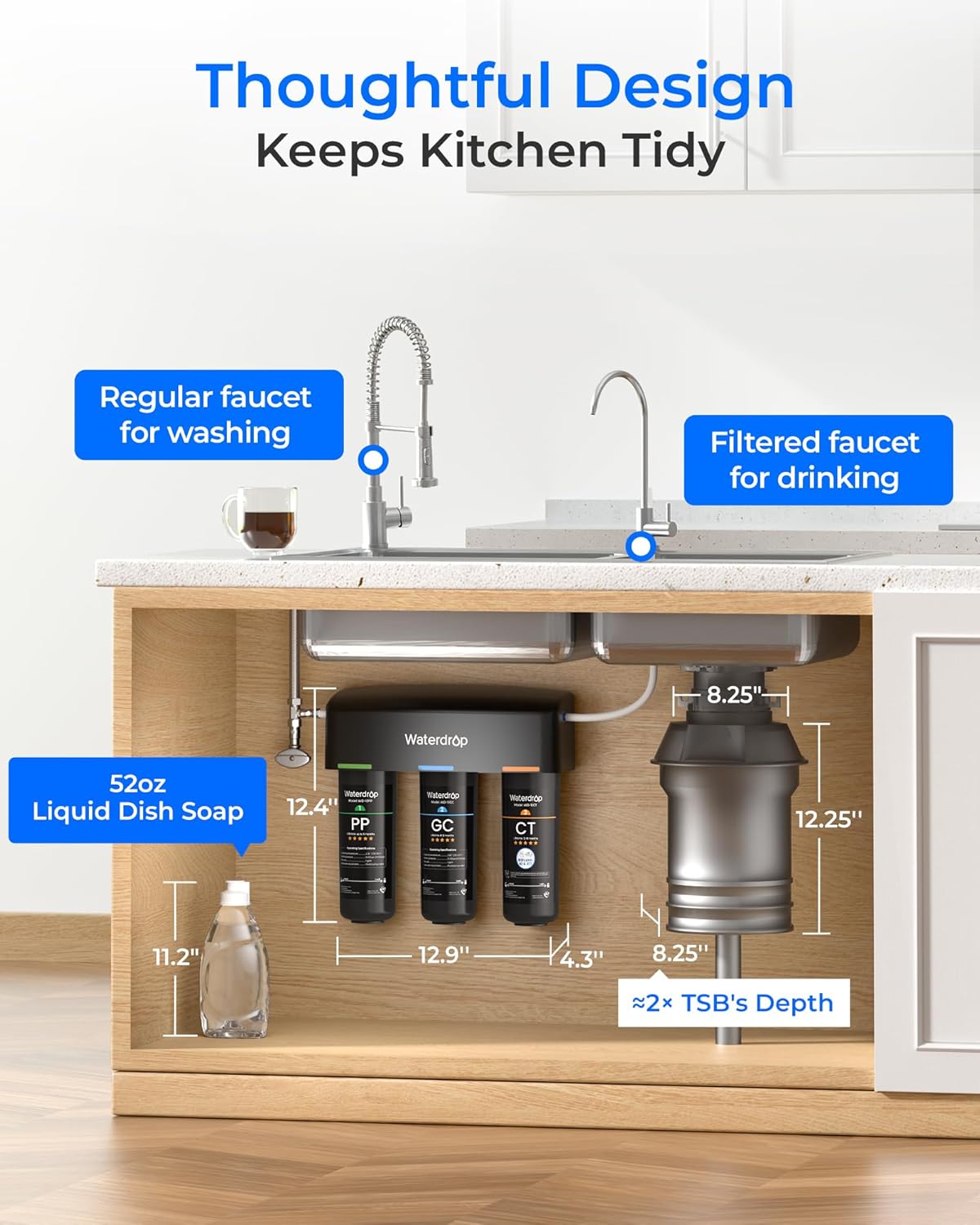 Waterdrop TSB 8 Layer Under Sink Water Filter, Reduces PFAS, PFOA/PFOS, Fluoride, Chlorine, Bad Taste & Odor, with Dedicated Faucet, NSF/ANSI 42 Certified Element, Under Sink Water Filtration System