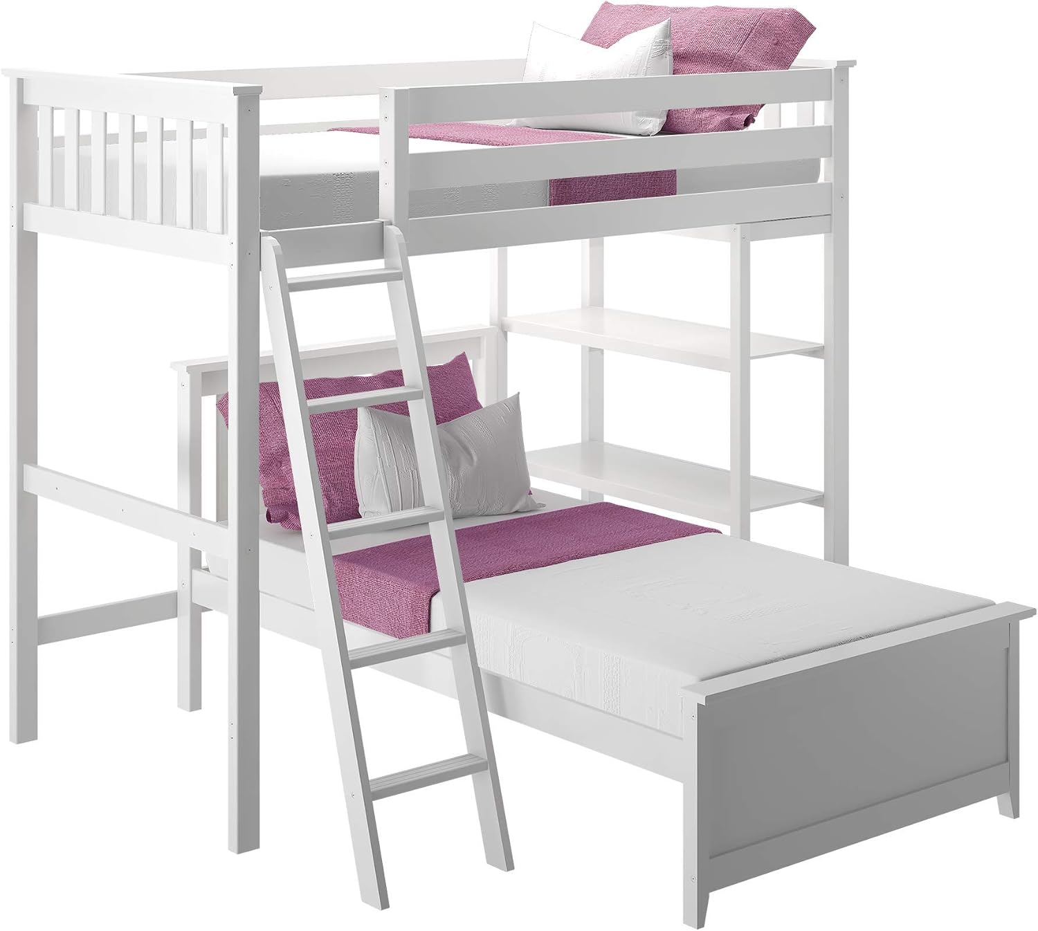 Max & Lily L Shape Twin over Twin Bunk Bed with Bookcase, White