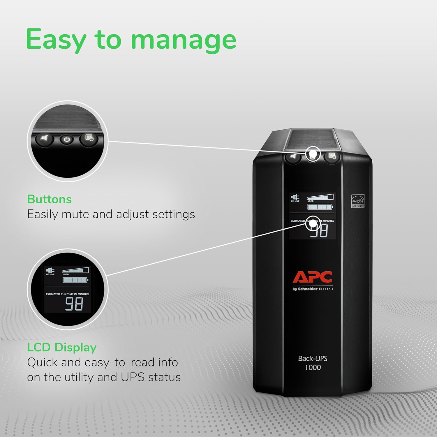 APC Back-UPS Pro 1000VA UPS, 600W Battery Backup & Surge Protector, AVR, 8 Outlets (NEMA 5-15R), LCD Display, BX1000M Uninterruptible Power Supply for Computers, Wi-Fi Routers, Home Office Electronics
