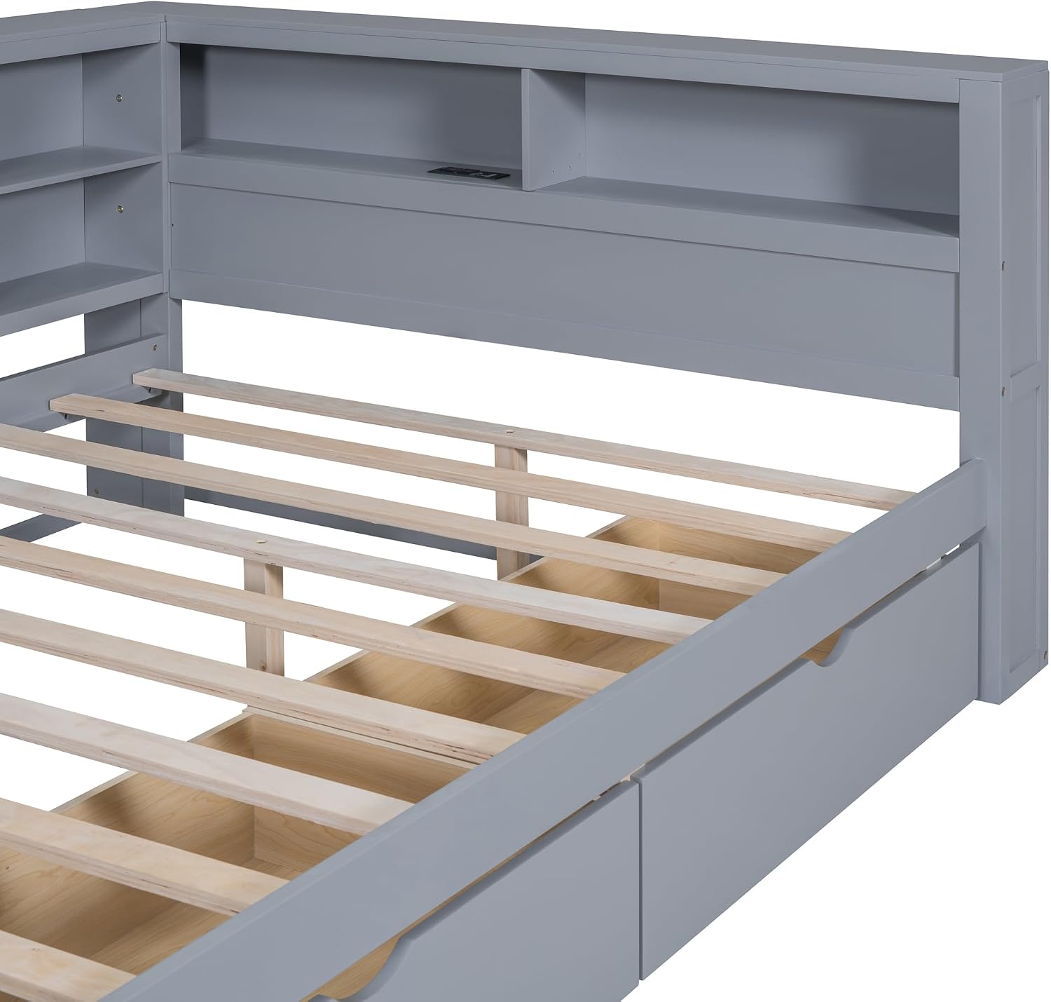 Full Size Daybed with 2 Drawers,Minimalist Wooden Sofa Bed Frame with Storage Shelf and USB Charging Ports for Bedroom, Studyroom, Guestroom, Livingroom (Grey-WD54)